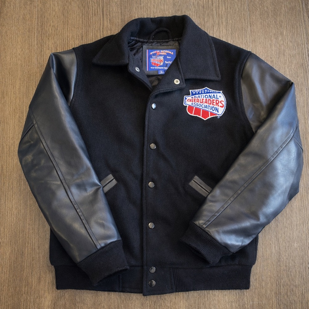 NCA National Cheerleaders Varsity Jacket Youth L Wool Leatherette Black
